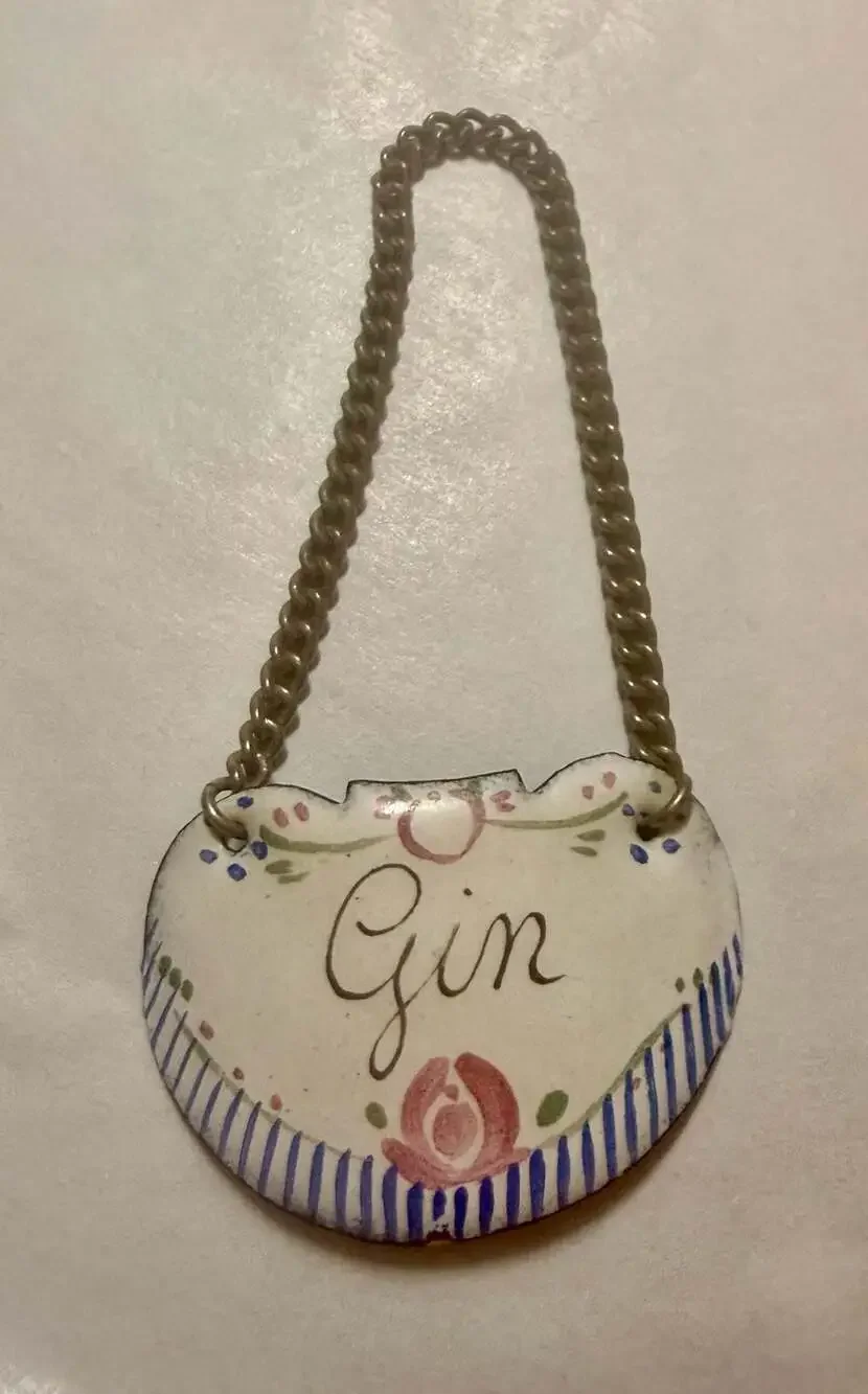 Set of 4 Antique French Hand-Painted Enamel Decanter Labels with Chains